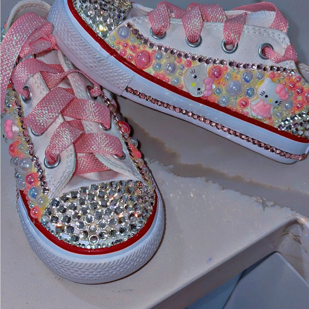 Converse Pink and White Kids Sneakers with Rhinestones